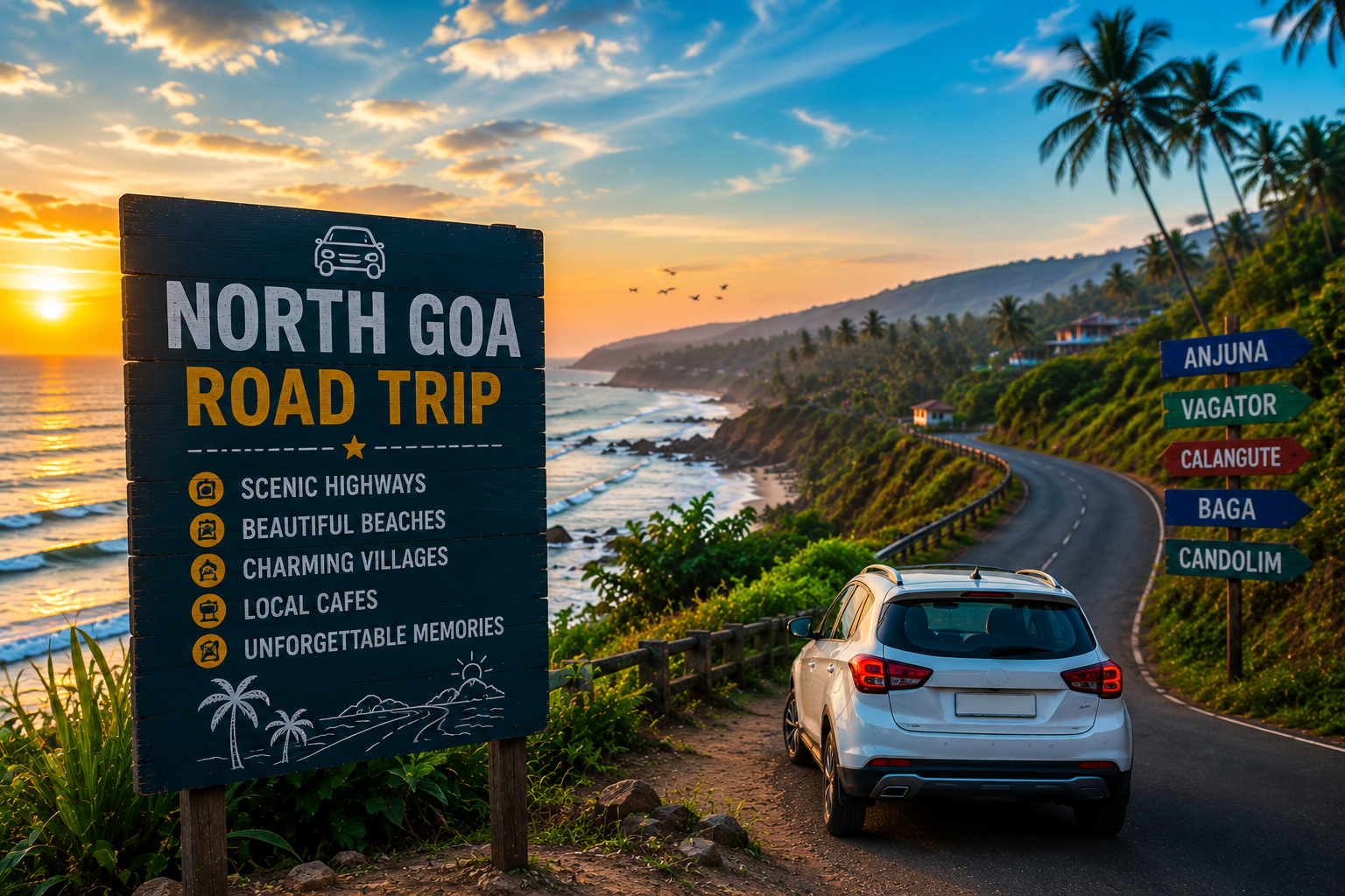 Scenic self drive car road trip along Goa palm lined coast